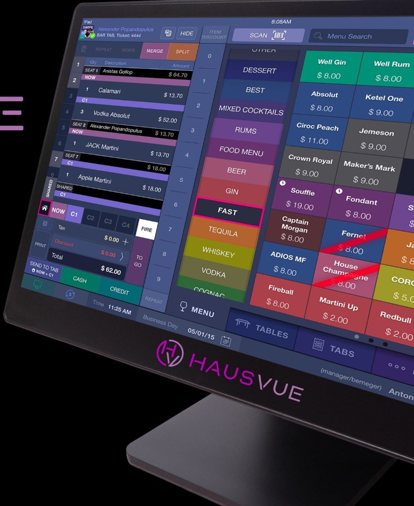 HausVue POS station with tabs, menu, and payment on one screen